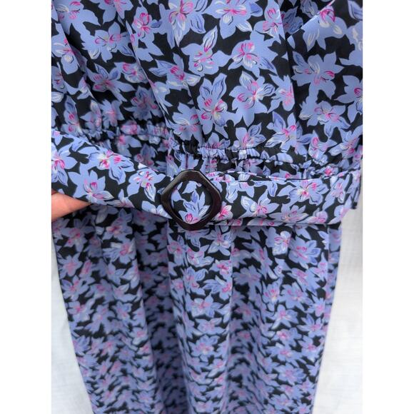 Jody California Womens Floral V Neck Belted Dress M 90s Cuffed Sleeves Feminine - Picture 2 of 5